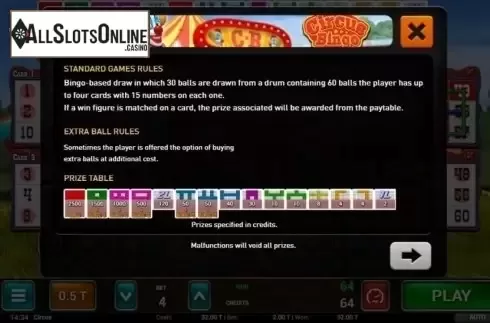 Paytable. Circus Bingo from MGA