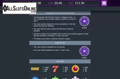 Paytable 1. Crystal Lotus from Eyecon