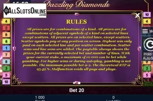 Paytable 2. Dazzling Diamonds from Greentube