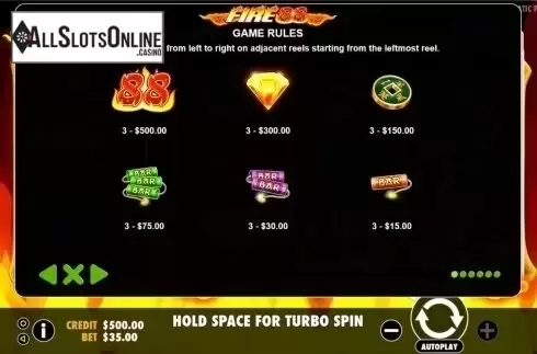 Paytable. Fire 88 from Pragmatic Play