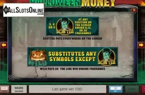 Features screen. Halloween Money from InBet Games