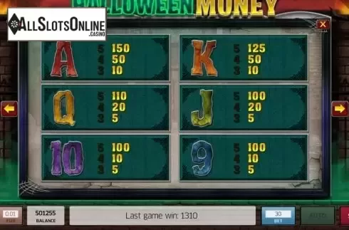 Paytable screen. Halloween Money from InBet Games