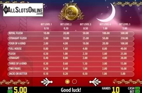 Paytable . Jacks Or Better HD from World Match