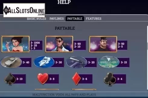 Paytable screen 1. License to Spin from Arrows Edge