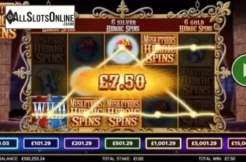 Win Screen 2. Musketeers Heroic Spins from CORE Gaming