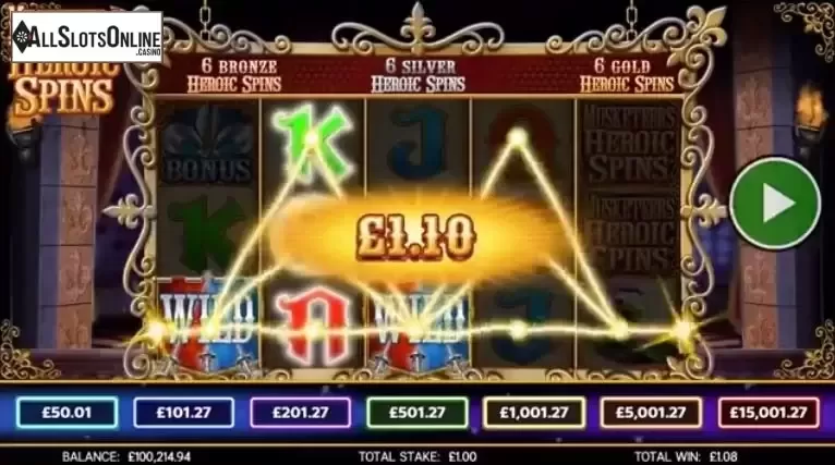 Win Screen 1. Musketeers Heroic Spins from CORE Gaming