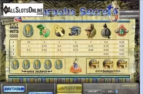 Paytable. Pharaohs Secret from XIN Gaming