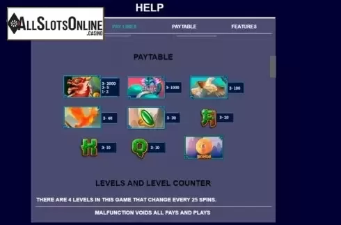 Paytable screen 1. Pixiu from Arrows Edge
