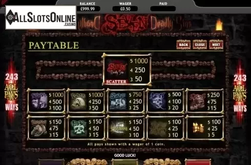Paytable 2. Seven Deadly Sins from Genesis