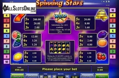 Paytable 1. Spinning Stars from Greentube