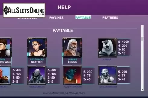 Paytable screen 1. Stars Slots from Arrows Edge