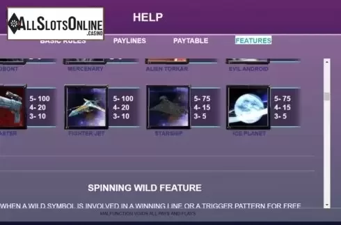 Paytable screen 2. Stars Slots from Arrows Edge