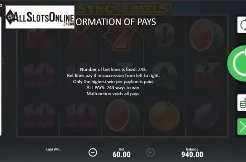 Paytable 3. Sync Reels from Booongo