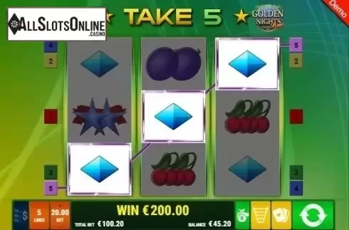 Win Screen. Take 5 GDN from Gamomat