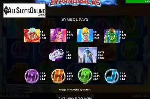 Paytable screen