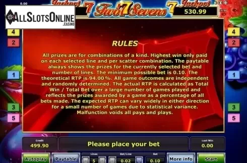 Paytable 3. Two Sevens from Greentube