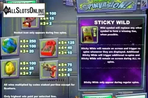 Paytable 2. Alien Spinvasion! from Rival Gaming