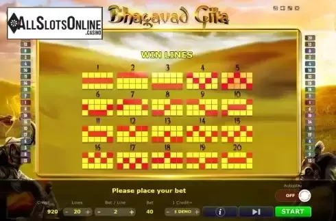 Paylines screen