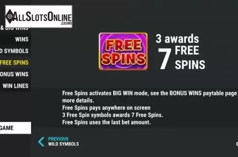 FS Paytable Screen. Bonus Money Spins from Slot Factory