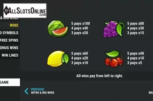 Paytable screen2. Bonus Money Spins from Slot Factory