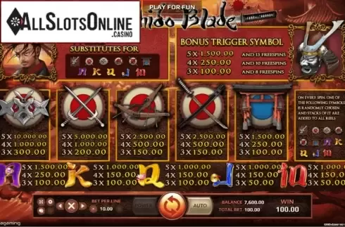 Paytable. Bushido Blade from EAgaming