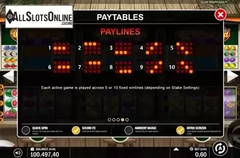Paylines screen