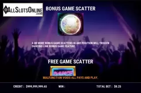 Features screen. Dance Time from Slot Factory