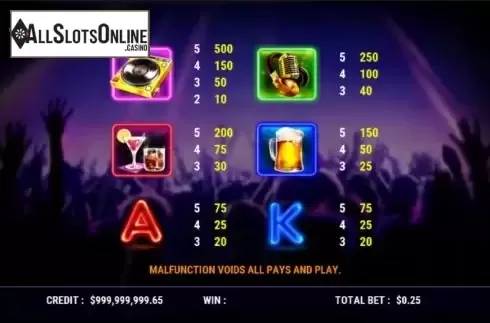 Paytable screen. Dance Time from Slot Factory
