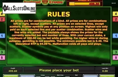 Paytable 3. Jackpot Crown from Greentube