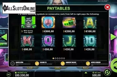 Paytable screen