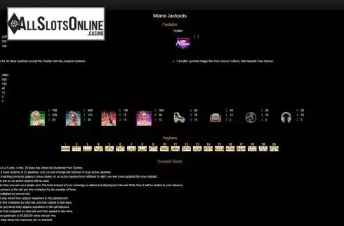 Features and paytable screen