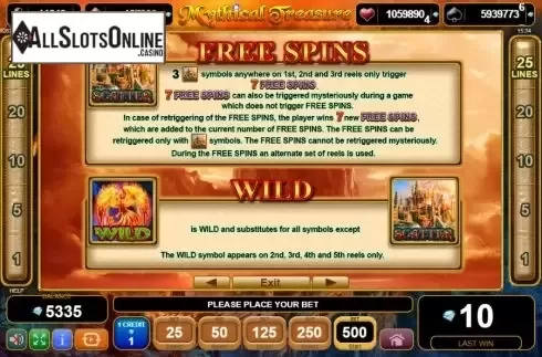 Features screen. Mythical Treasure from EGT