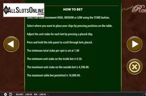 Paytable 2. Original Roulette from SG