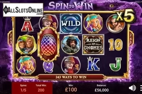 Spin to Win screen. Reign of Gnomes from Revolver Gaming
