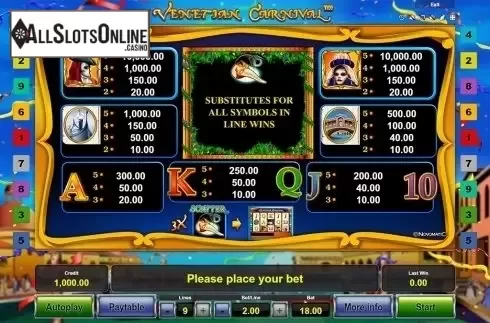 Paytable . Venetian Carnival from Novomatic