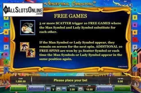Paytable 2. Venetian Carnival from Novomatic