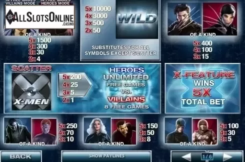 Paytable. X-man 50 lines from Playtech