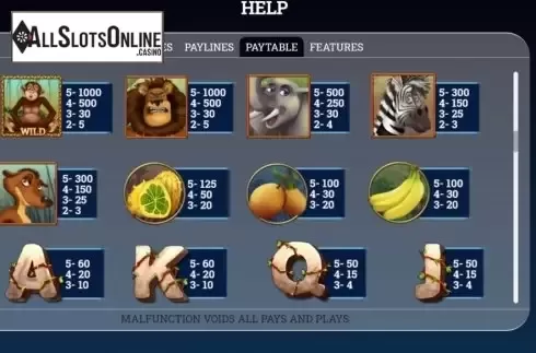 Paytable screen 1. Zimba and Friends from Arrows Edge