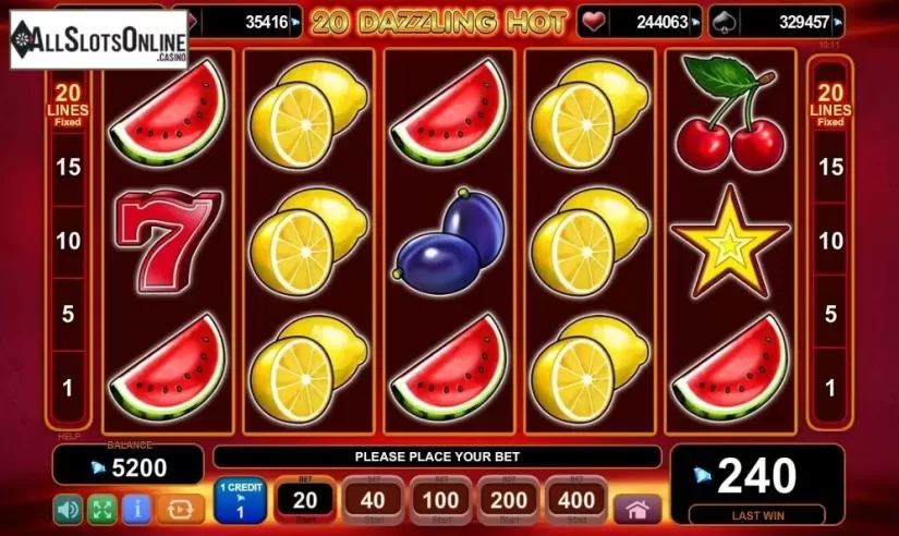 Game Workflow screen. 20 Dazzling Hot from EGT