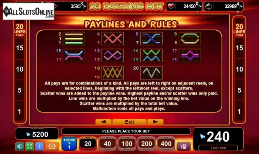 Paytable 4. 20 Dazzling Hot from EGT