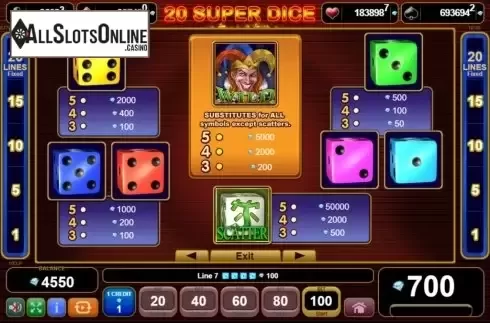 Symbols. 20 Super Dice from EGT