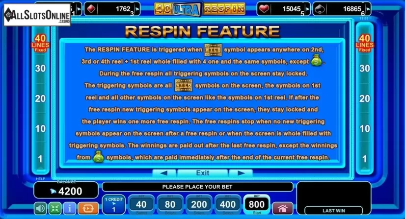 Paytable 2. 40 Ultra Respin from EGT