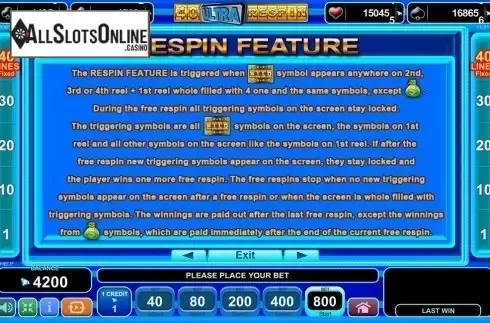 Paytable 2. 40 Ultra Respin from EGT