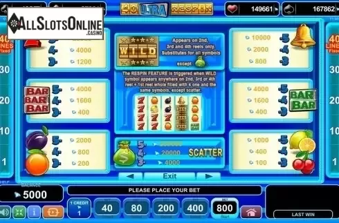 Paytable 1. 40 Ultra Respin from EGT