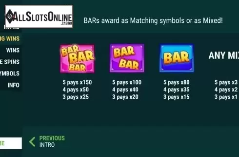 High Paytable symbols screen
