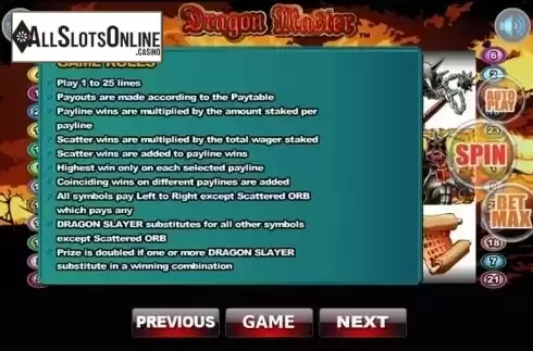 Paytable 2. Dragon Master from Wager Gaming