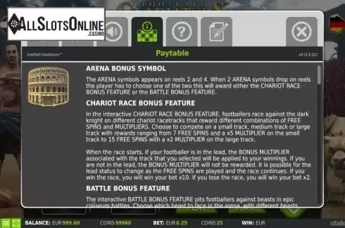 Paytable screen 1. Football Gladiators from StakeLogic