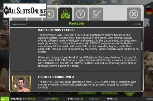 Paytable screen 2. Football Gladiators from StakeLogic