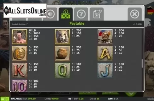 Paytable screen 3. Football Gladiators from StakeLogic