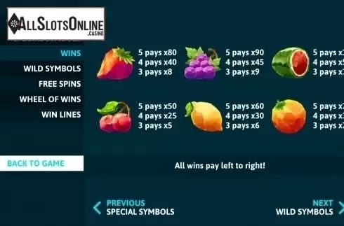 Paytable. Fossil Fruits from Slot Factory